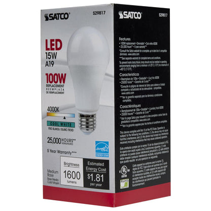 Satco S29817 - 15 Watt; A19 LED; Frosted; 4000K; Medium base; 120 Volt (6 Pack)