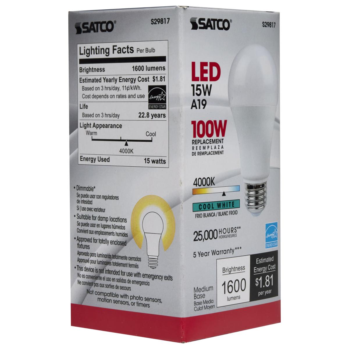 Satco S29817 - 15 Watt; A19 LED; Frosted; 4000K; Medium base; 120 Volt (6 Pack)