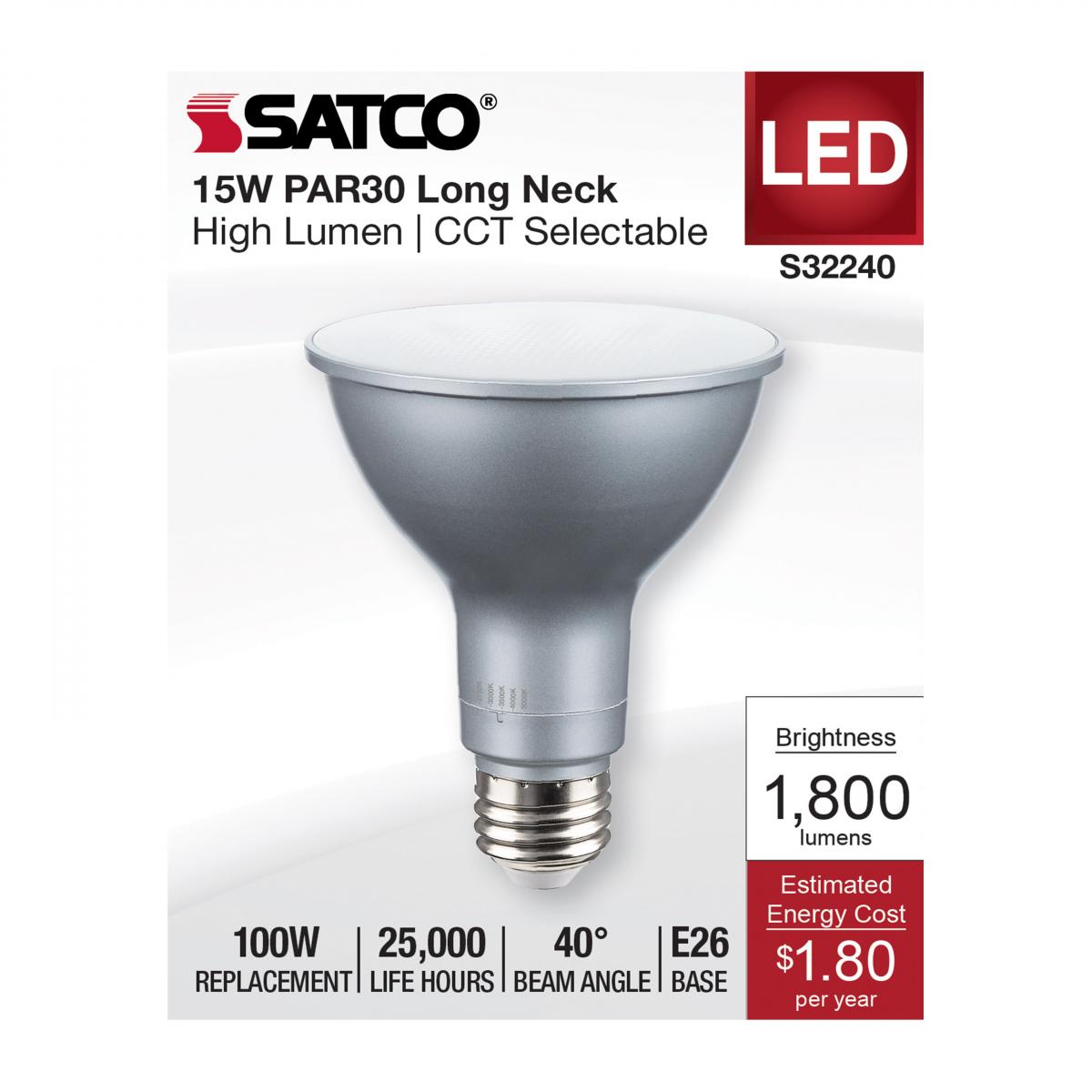 SATCO S32240 15W 120V PAR30LN High Lumen Reflector LED Light Bulb CCT Select Dimmable CA Compliant (1 Pack)