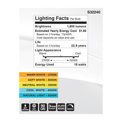 SATCO S32240 15W 120V PAR30LN High Lumen Reflector LED Light Bulb CCT Select Dimmable CA Compliant (1 Pack)