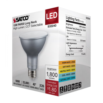 SATCO S32240 15W 120V PAR30LN High Lumen Reflector LED Light Bulb CCT Select Dimmable CA Compliant (1 Pack)