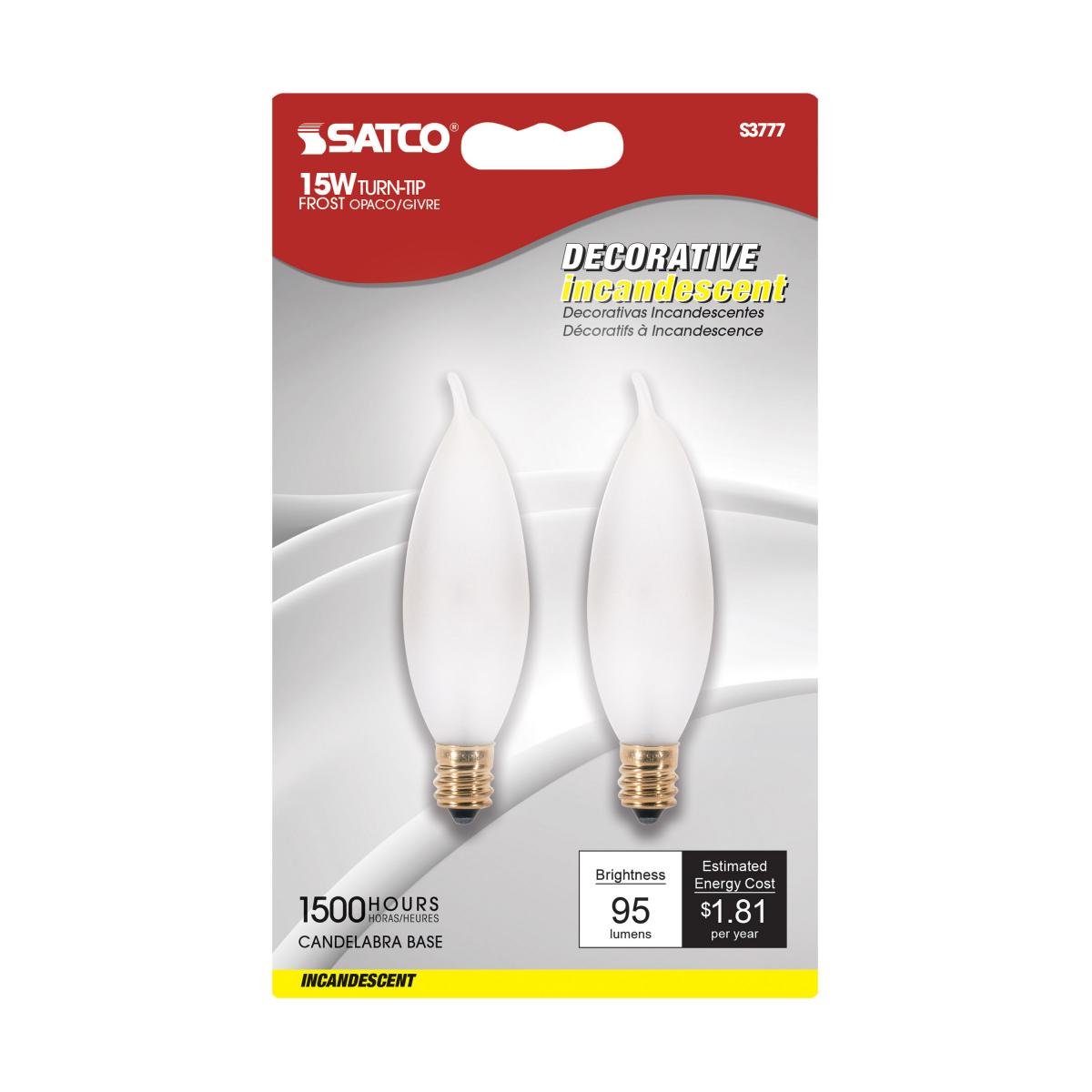 SATCO S3777 CA8 Incandescent Candle Light Bulbs 15 Watt Frosted Glass 2700K 95 Lumen E12 Candelabra Base Dimmable (20 Light Bulbs)