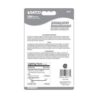 SATCO S3777 CA8 Incandescent Candle Light Bulbs 15 Watt Frosted Glass 2700K 95 Lumen E12 Candelabra Base Dimmable (20 Light Bulbs)