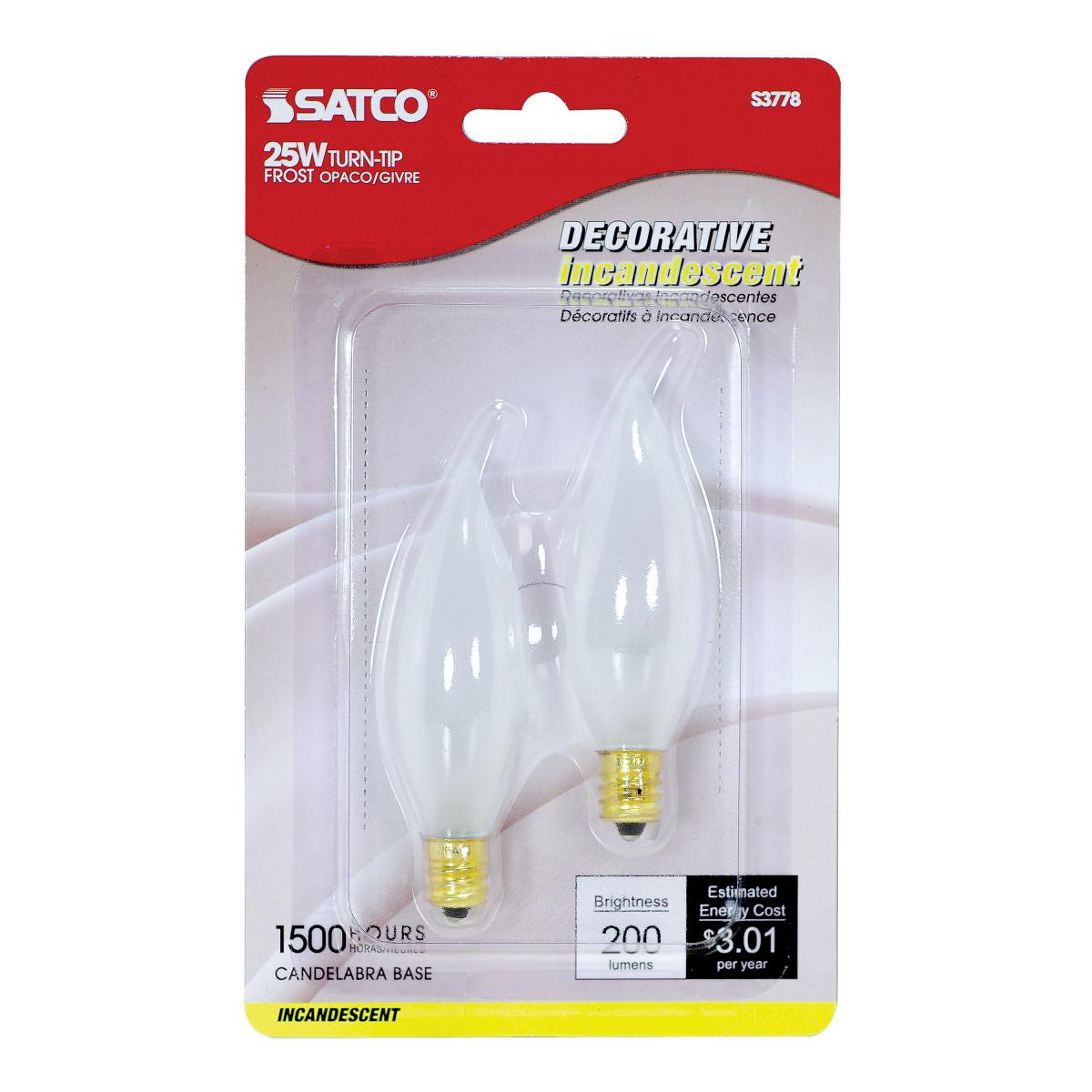 SATCO S3778 CA8 Incandescent Candle Light Bulbs 25 Watt Frosted Glass 2700K 200 Lumen E12 Candelabra Base Dimmable (20 Light Bulbs)