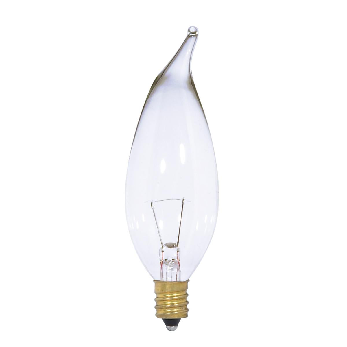 Satco S3868 - 25 Watt CA10 Incandescent; Clear; 1500 Average rated hours; 250 Lumens; Candelabra base; 12 Volt (12 Pack)