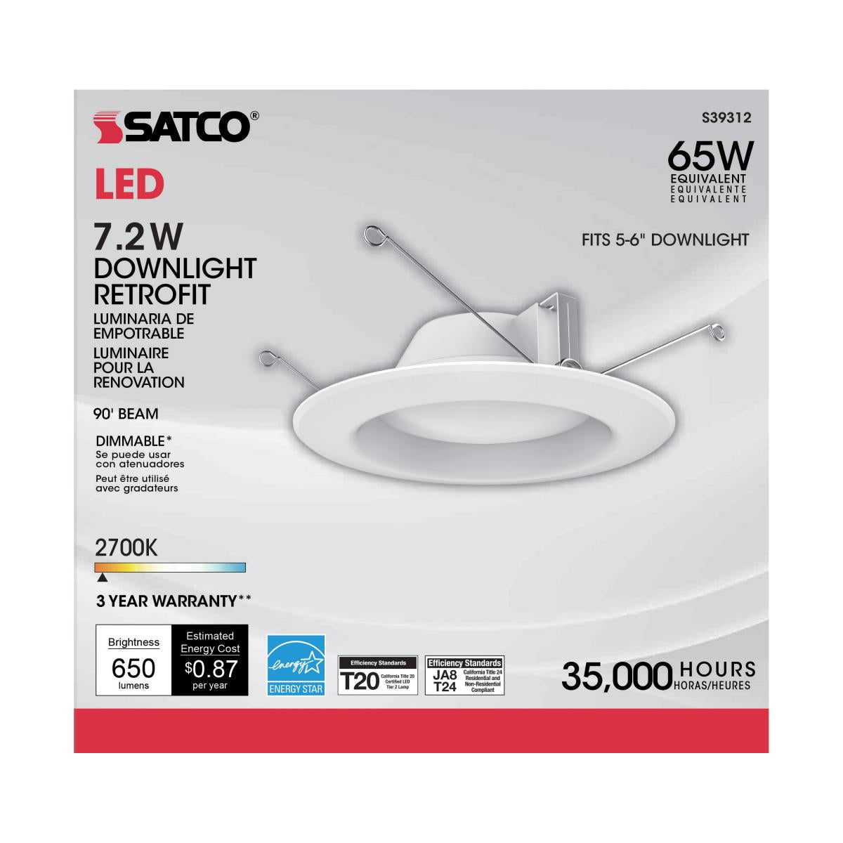 Satco S39312 - 7.2 Watt LED Downlight Retrofit; 5-6 Inches; 2700K; 120 Volt; White Finish