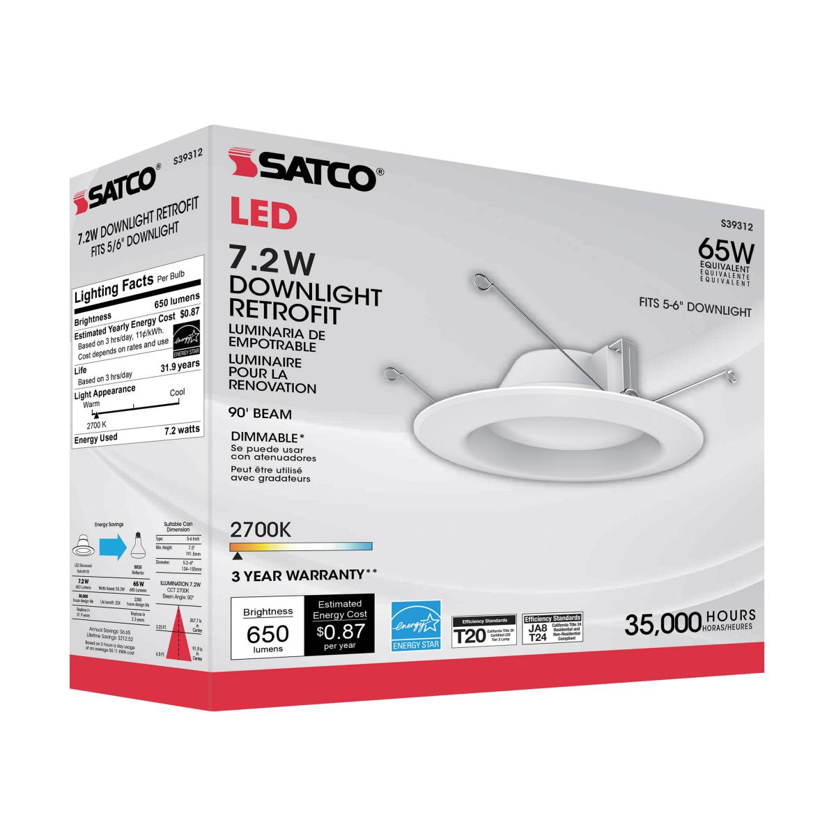 Satco S39312 - 7.2 Watt LED Downlight Retrofit; 5-6 Inches; 2700K; 120 Volt; White Finish