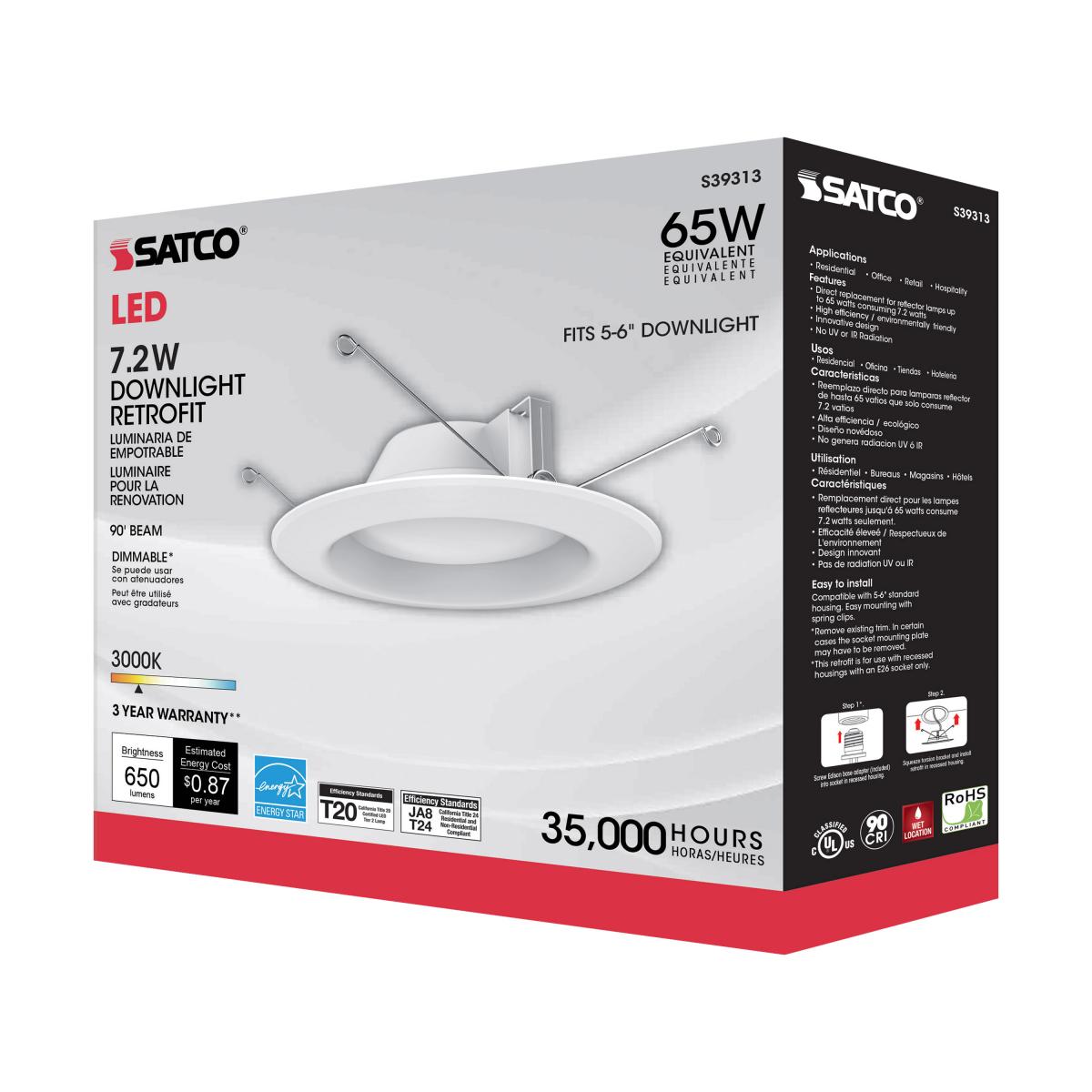 Satco S39313 - 7.2 Watt LED Downlight Retrofit; 5-6 Inches; 3000K; 120 Volt; White Finish