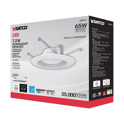 Satco S39313 - 7.2 Watt LED Downlight Retrofit; 5-6 Inches; 3000K; 120 Volt; White Finish