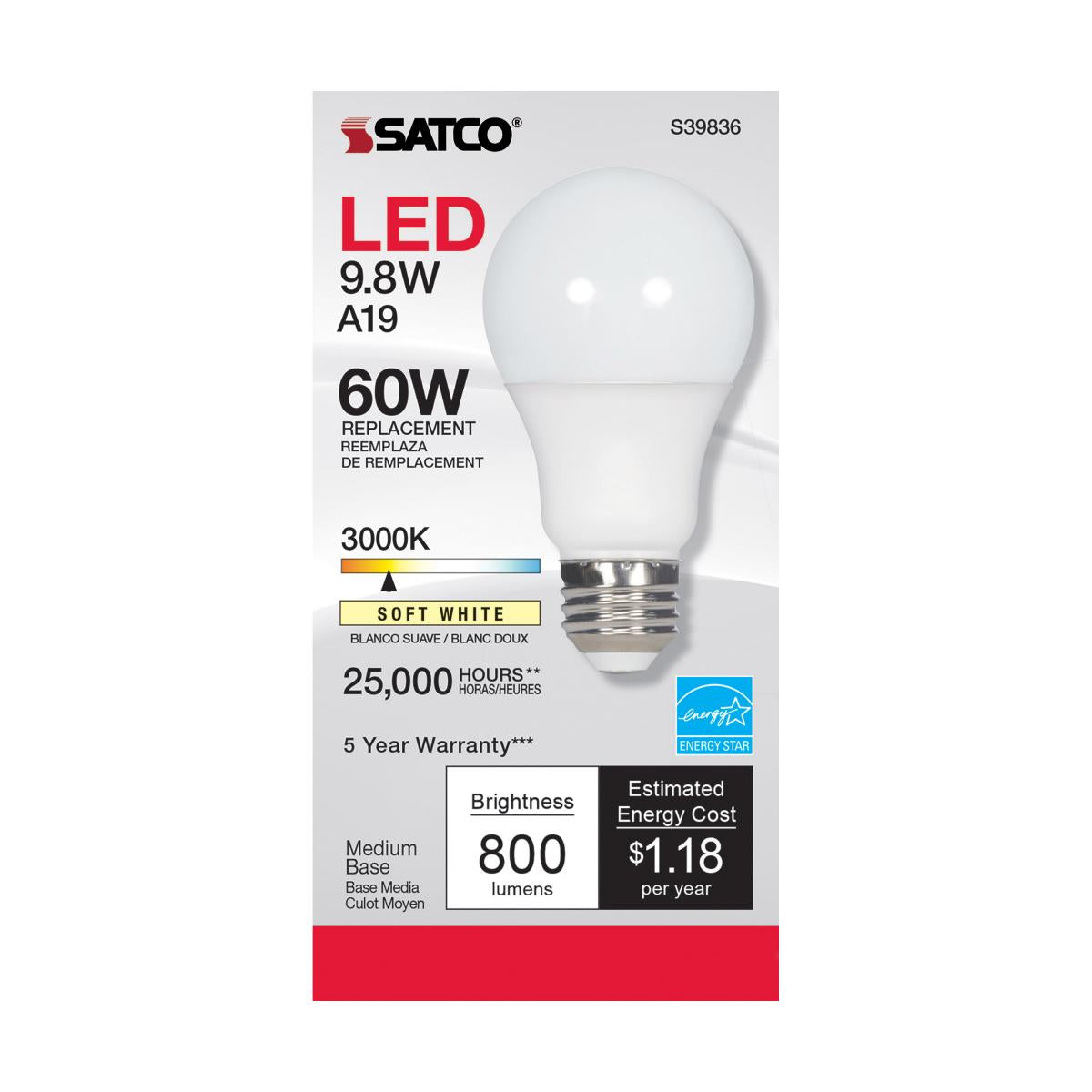 Satco S39836 - 9.8 Watt A19 LED bulb - Omni-directional - 3000K - 220 deg. Beam Angle; 120 Volt