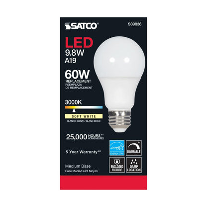 Satco S39836 - 9.8 Watt A19 LED bulb - Omni-directional - 3000K - 220 deg. Beam Angle; 120 Volt