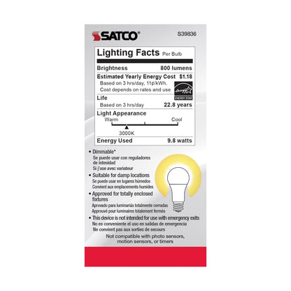 Satco S39836 - 9.8 Watt A19 LED bulb - Omni-directional - 3000K - 220 deg. Beam Angle; 120 Volt