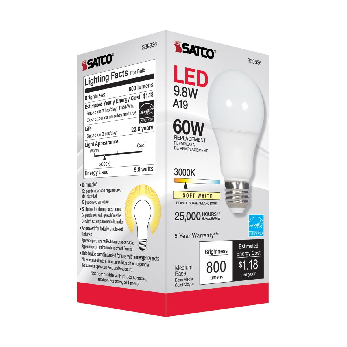 Satco S39836 - 9.8 Watt A19 LED bulb - Omni-directional - 3000K - 220 deg. Beam Angle; 120 Volt