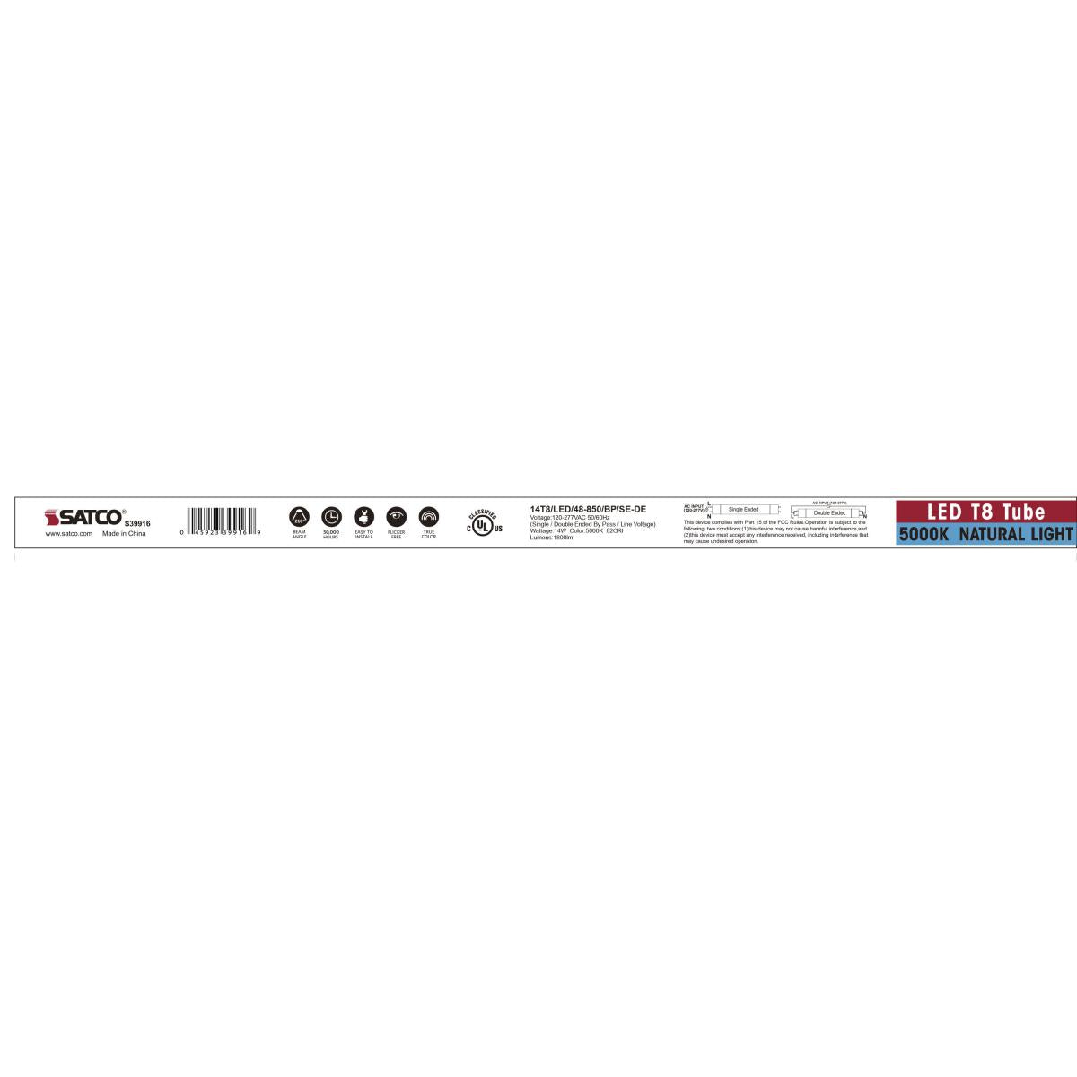 Satco S39916 - 14 Watt T8 LED Light - 5000K - Medium Bi Pin base - Type B - Ballast Bypass - Single or Double Ended Wiring (25 Pack)