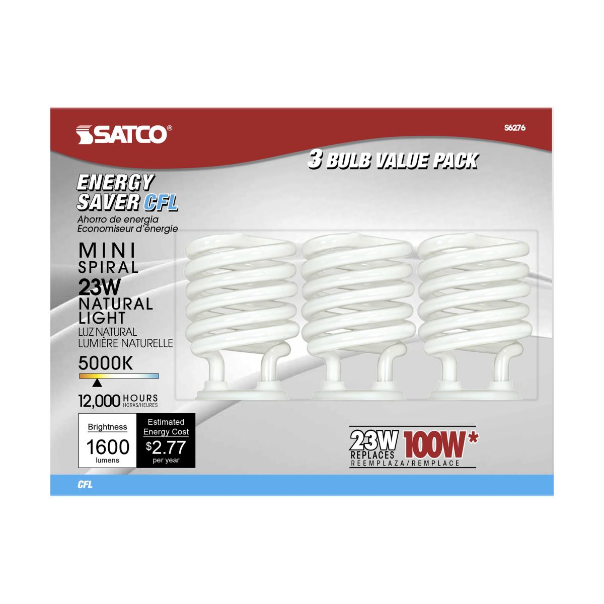 Satco S6276 Mini Spiral Compact Fluorescent CFL 23W 120V 5000K 1600L E26 Medium Base (3 Light Bulbs)