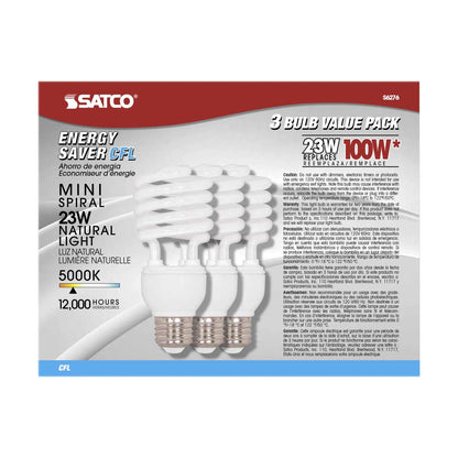 Satco S6276 Mini Spiral Compact Fluorescent CFL 23W 120V 5000K 1600L E26 Medium Base (3 Light Bulbs)