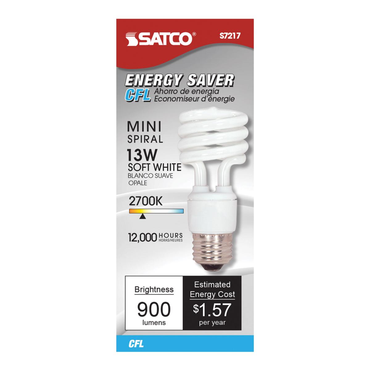 Satco S7217 Mini Spiral Compact Fluorescent CFL Light Bulbs 13W 120V 2700K 900L E26 Medium Base (12 Pack)