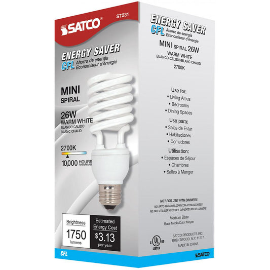 Satco S7231 Mini Spiral Compact Fluorescent CFL Light Bulbs 26W 120V 2700K 1750L E26 Medium Base (12 Pack)