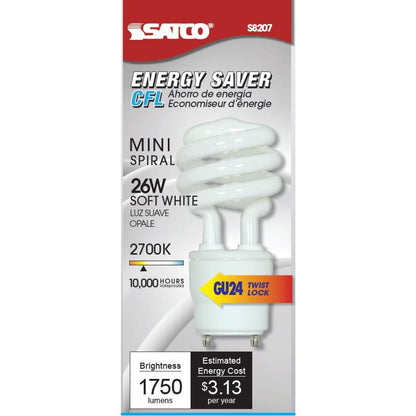 SATCO S8207 T3 Spiral Compact Fluorescent CFL Light Bulbs 26W 120V 2700K Bi-Pin/GU24 Base (6 Pack)