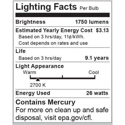 SATCO S8207 T3 Spiral Compact Fluorescent CFL Light Bulbs 26W 120V 2700K Bi-Pin/GU24 Base (6 Pack)