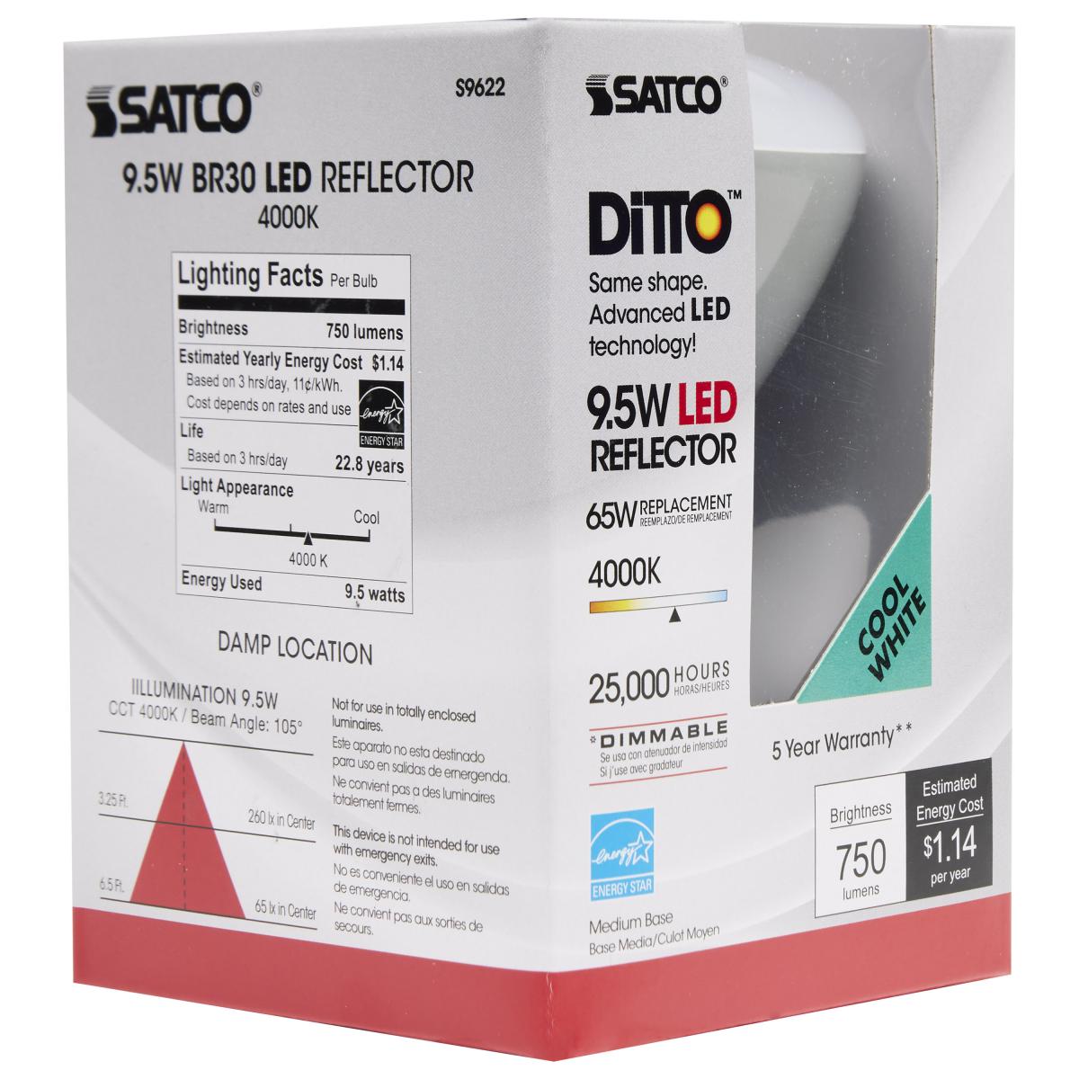 SATCO S9622 - 9.5 Watt BR30 LED Bulbs - 4000K (6 Pack)