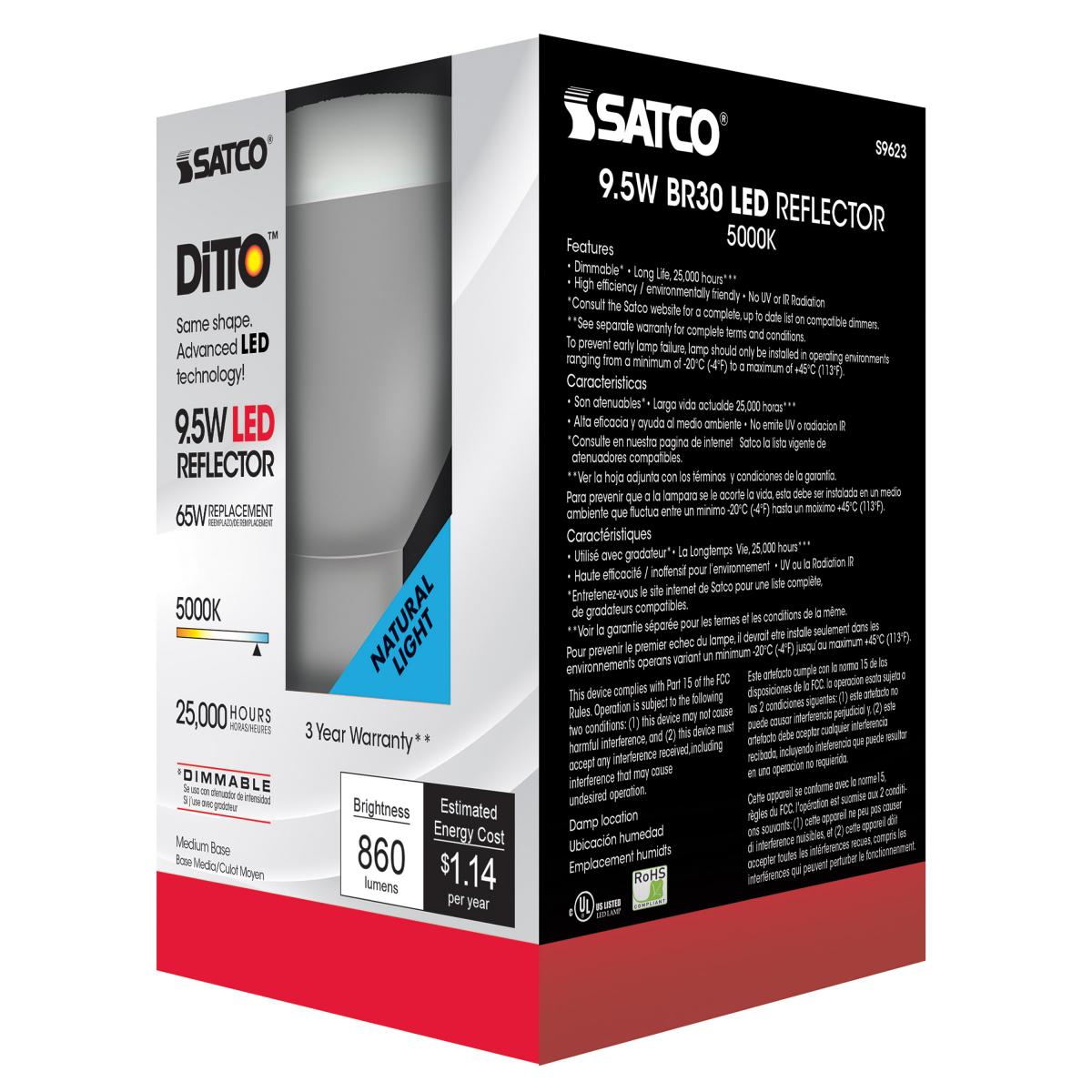 Satco S9623 - 9.5 Watt; BR30 LED Bulb; 105 deg. Beam Angle; 5000K; Medium base; 120 Volt; Dimmable (12 Pack)