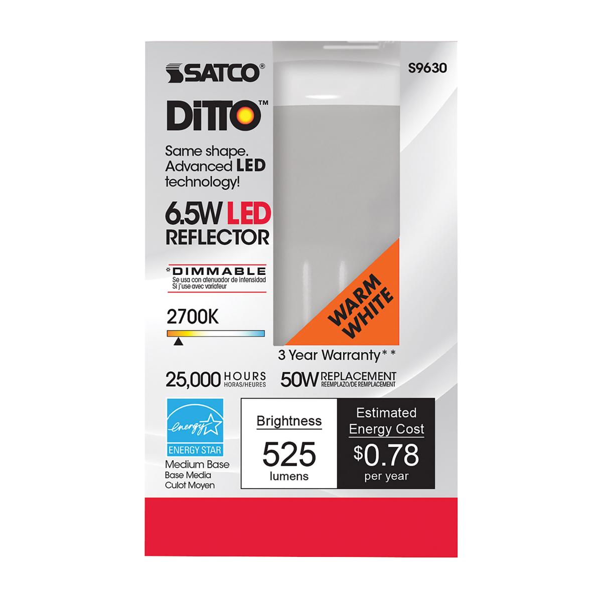 Satco S9630 - 6.5 Watt; LED R20; 2700K; 107 deg. Beam Angle; Medium base; 120 Volt; Dimmable (6 Pack)