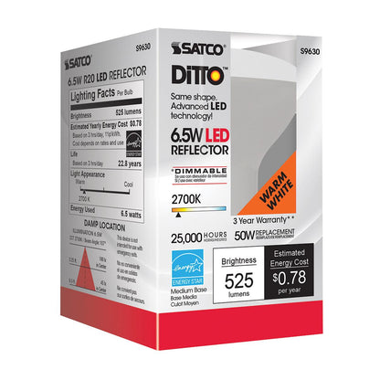 Satco S9630 - 6.5 Watt; LED R20; 2700K; 107 deg. Beam Angle; Medium base; 120 Volt; Dimmable (6 Pack)