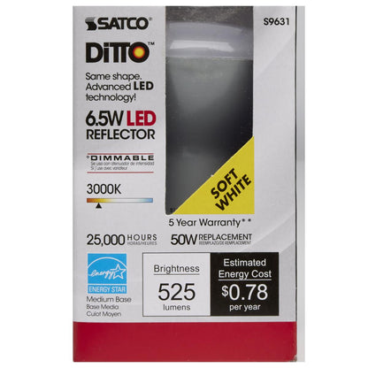 Satco S9631 - 6.5 Watt; LED R20; 3000K; 107 deg. Beam Angle; Medium base; 120 Volt; Dimmable (6 Pack)