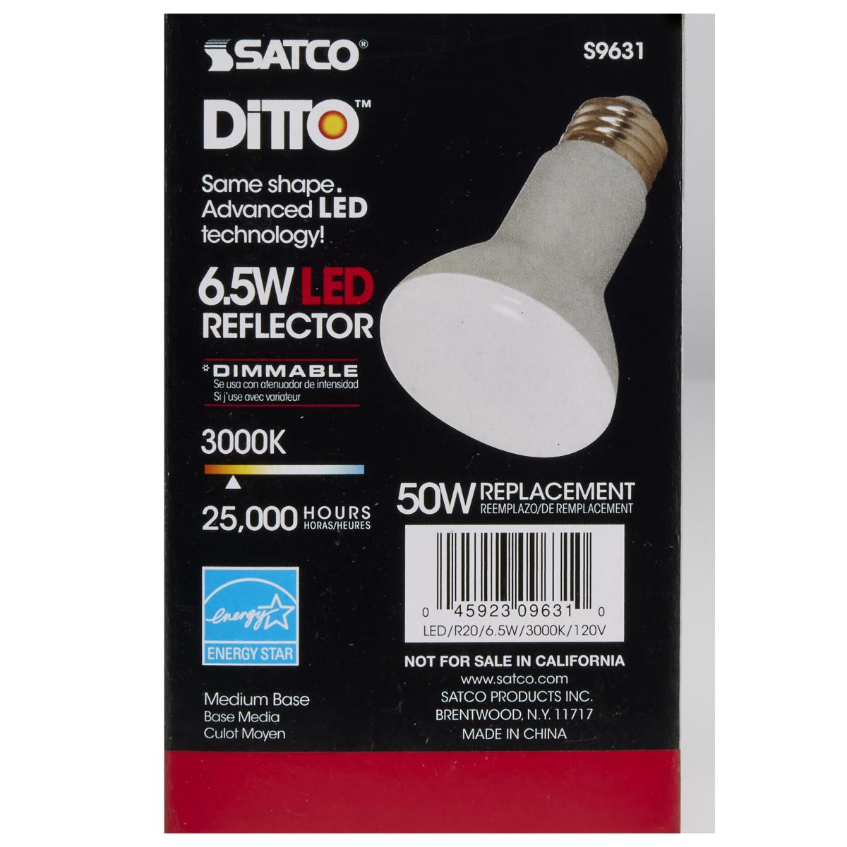 Satco S9631 - 6.5 Watt; LED R20; 3000K; 107 deg. Beam Angle; Medium base; 120 Volt; Dimmable (6 Pack)