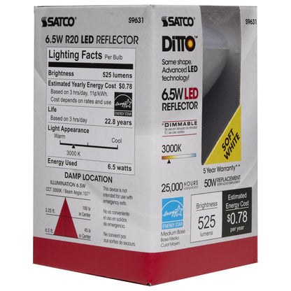 Satco S9631 - 6.5 Watt; LED R20; 3000K; 107 deg. Beam Angle; Medium base; 120 Volt; Dimmable (6 Pack)