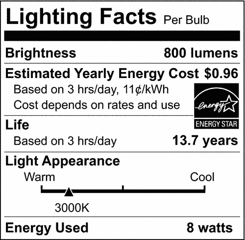 Satco S12463 - 8 Watt A19 LED; Clear; 3000K; Medium Base; 120 Volt