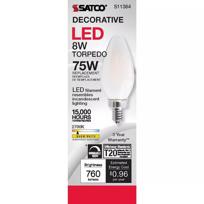 Satco S11384 - 8 Watt C11 LED Frosted Light Bulb - 2700K - 90CRI (6 Pack)