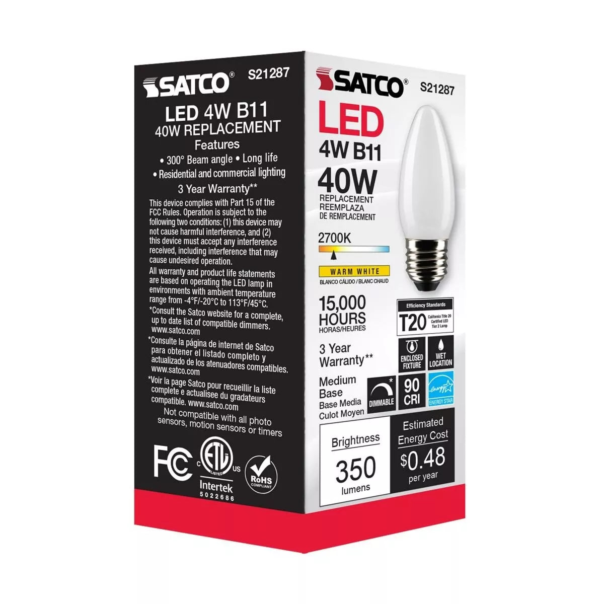 Satco S21287 - 4 Watt B11 LED Frosted Light Bulb - 2700K - 90CRI (6 Pack)