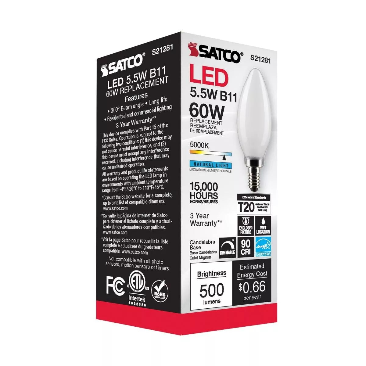 Satco S21281 - 5.5 Watt B11 Frosted LED Light Bulb - 5000K - 90CRI (6 Pack)