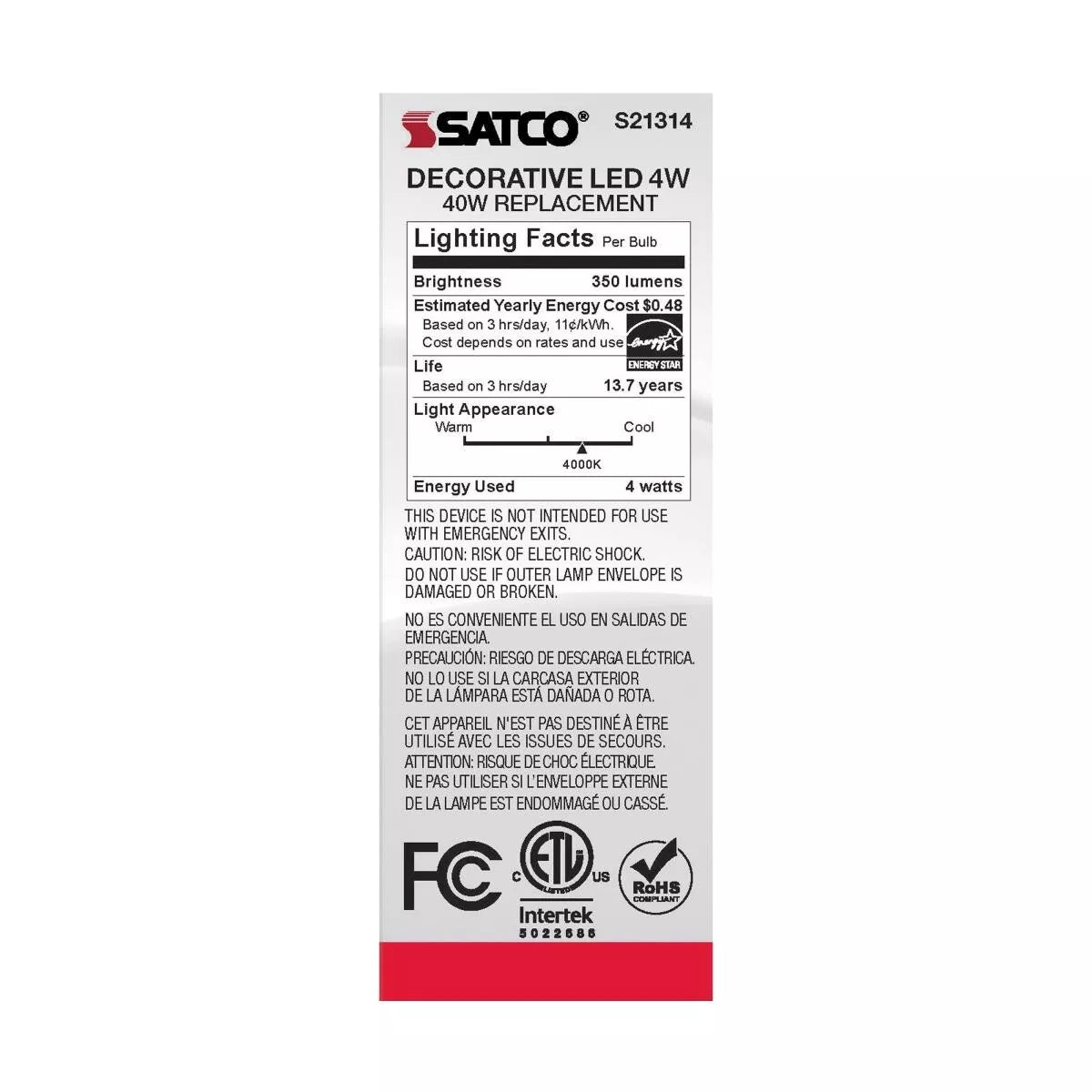 Satco S21314 - 4 Watt CA10 LED Light Bulb - 4000K - 90CRI - 120 Volt (6 Pack)