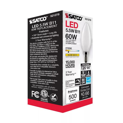 Satco S21278 - 5.5 Watt B11 Frosted LED Light Bulb - 2700K - 90CRI (6 Pack)