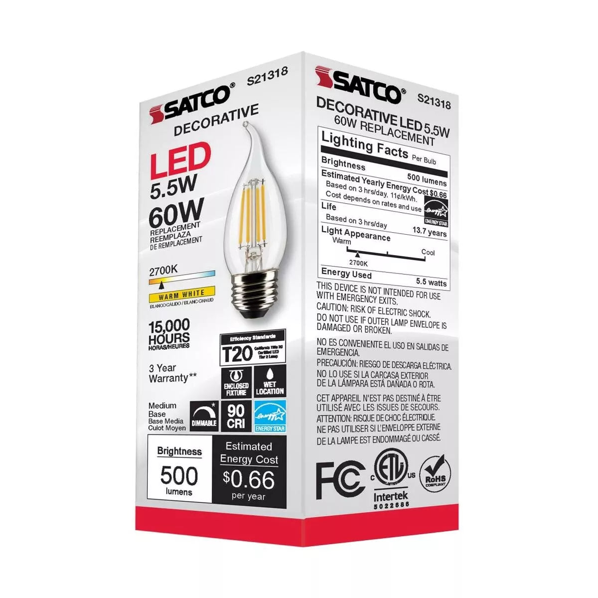 Satco S21318 - 5.5 Watt CA10 LED Light Bulb - 2700K - 90CRI - 120 Volt (6 Pack)