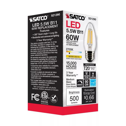 Satco S21290 - 5.5 Watt B11 LED Light Bulb - 2700K - 90CRI - 120 Volt (6 Pack)