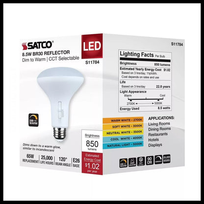 Satco S11784 - 8.5 Watt BR30 LED - CCT Selectable - Dim to Warm - 120 Volts