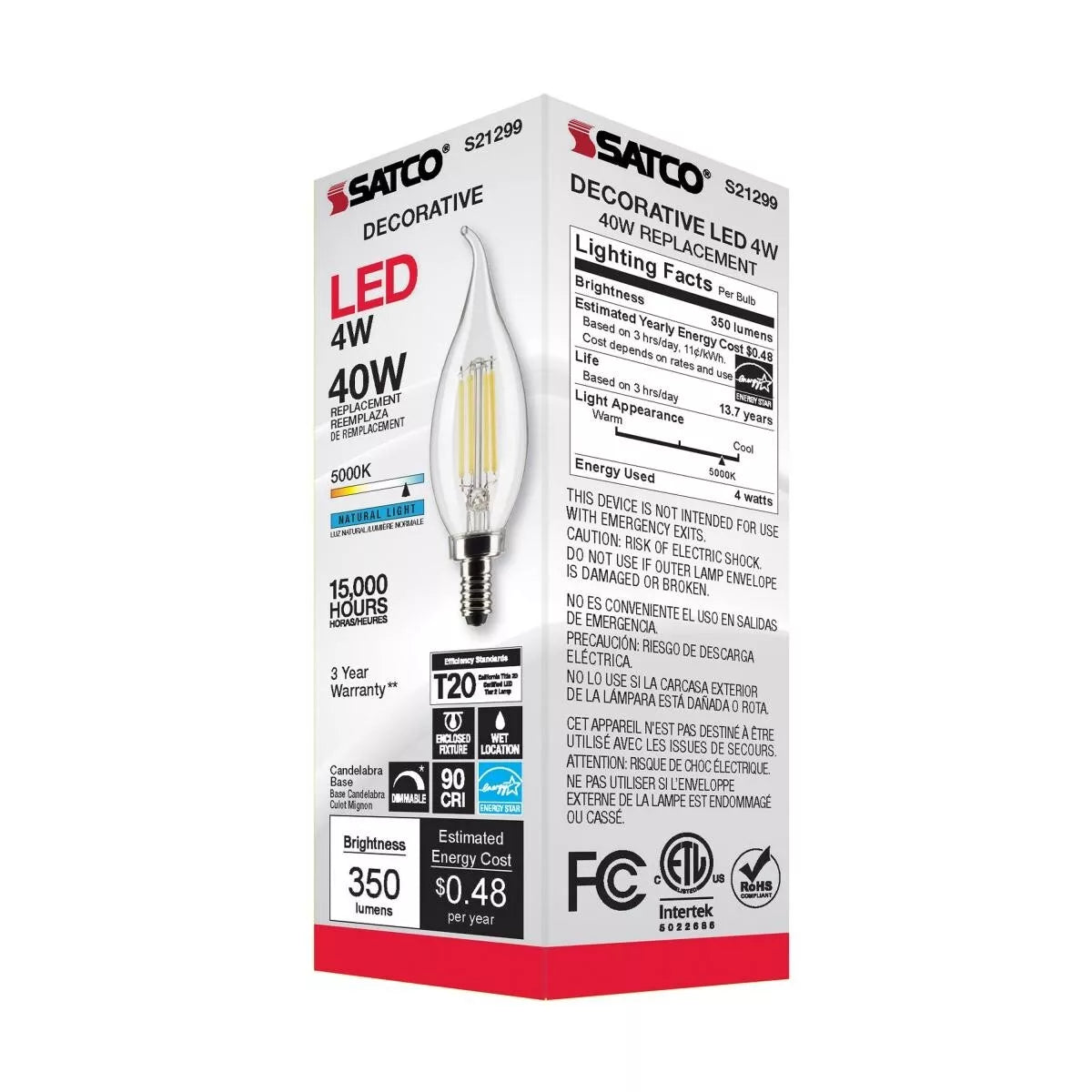 Satco S21299 - 4 Watt CA10 LED Light Bulb - 5000K - 90CRI - 120 Volt (6 Pack)