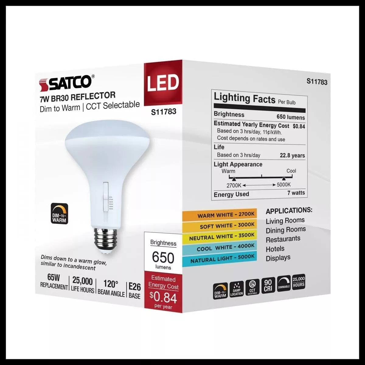 Satco S11783 - 7 Watt BR30 LED - CCT Selectable - Dim to Warm - 120 Volts