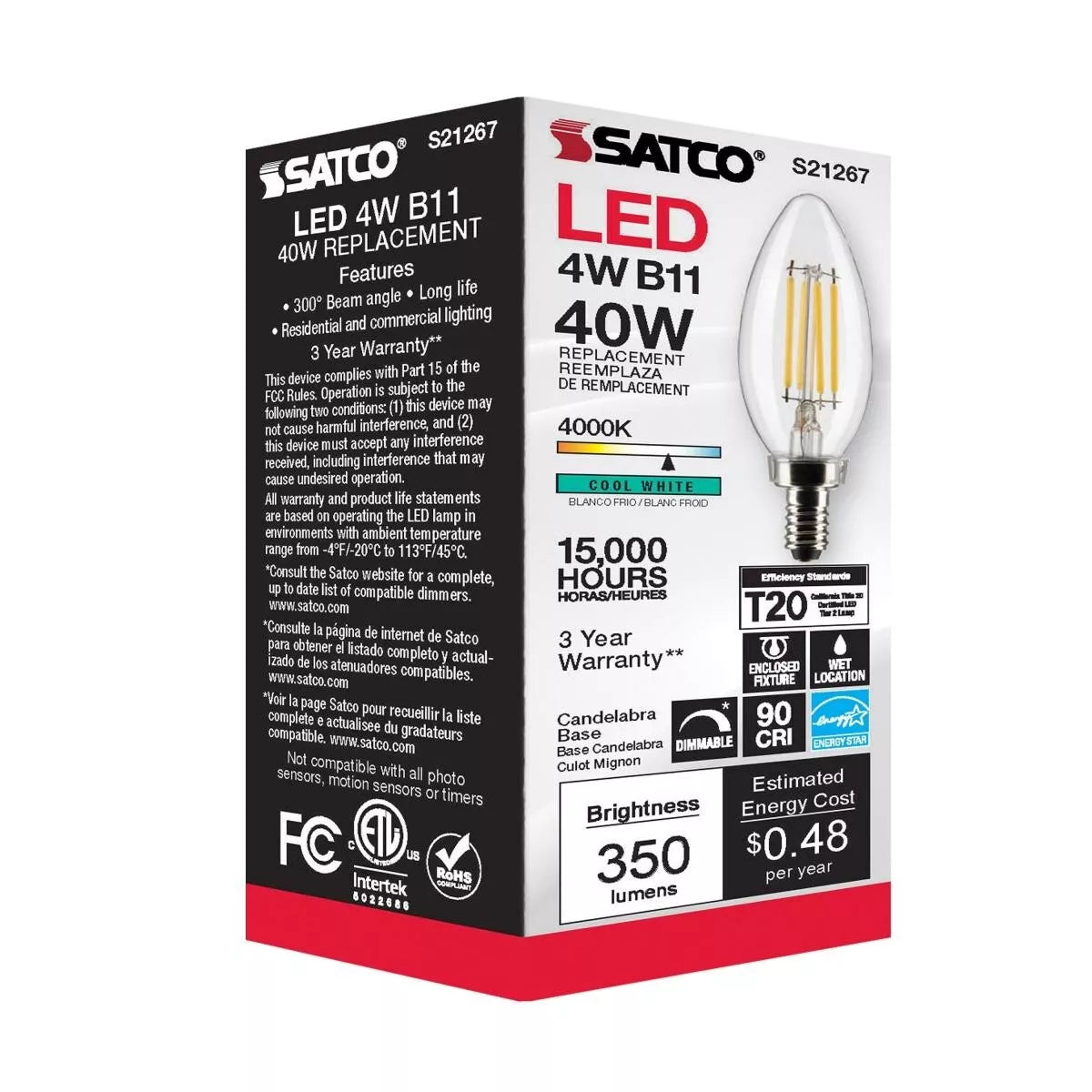 Satco S21267 - 4 Watt B11 LED Light Bulb - 4000K - 90CRI - 120 Volt (6 Pack)