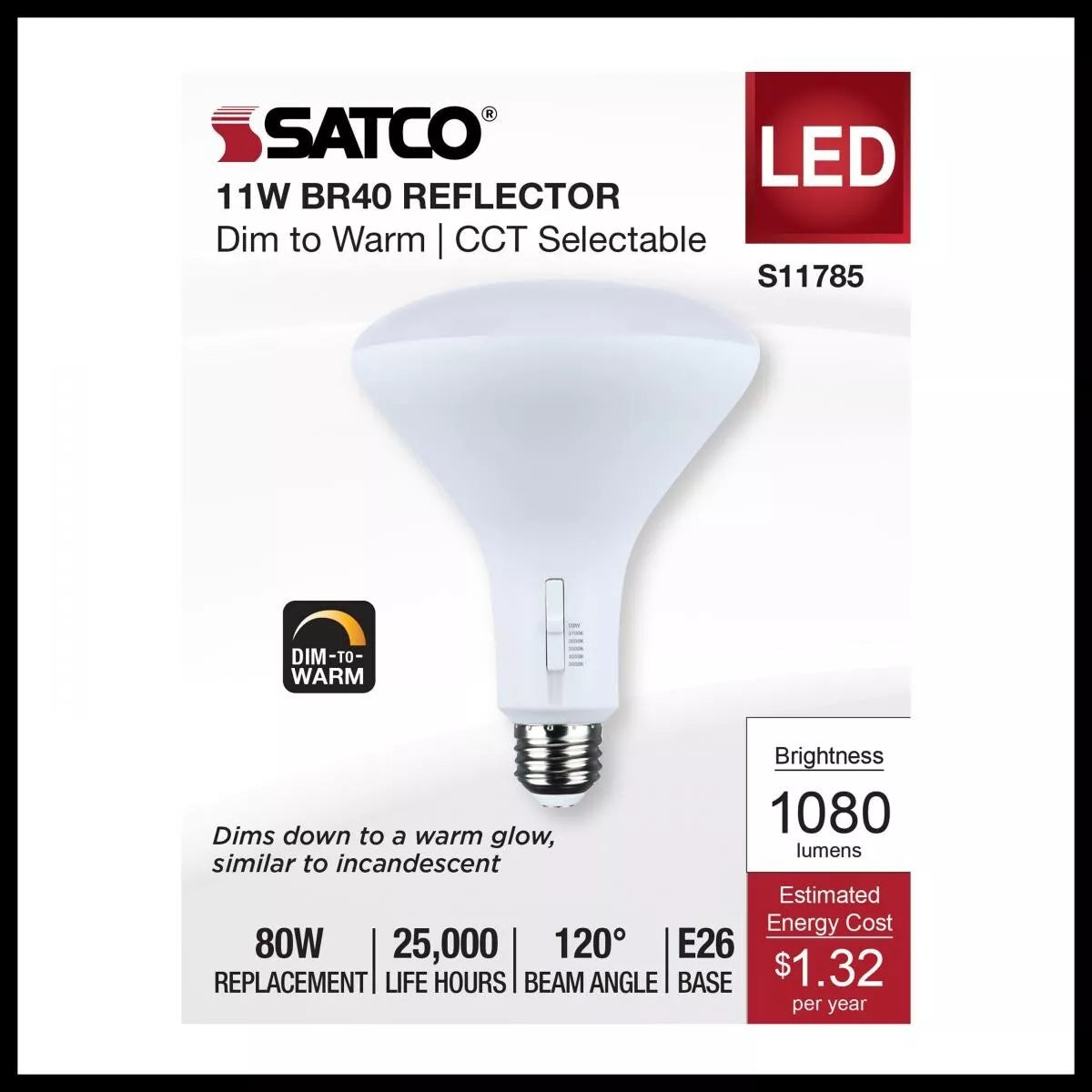 Satco S11785 - 11 Watt BR40 LED - CCT Selectable - Dim to Warm - 120 Volts