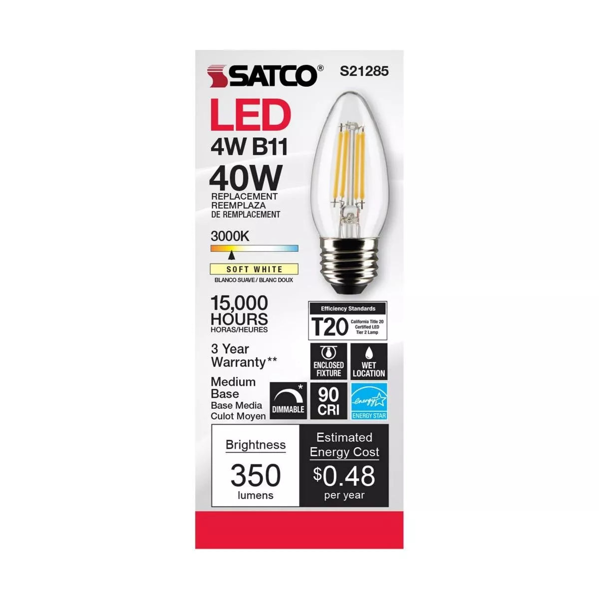 Satco S21285 - 4 Watt B11 LED Light Bulb - 3000K - 90CRI - 120 Volt (6 Pack)