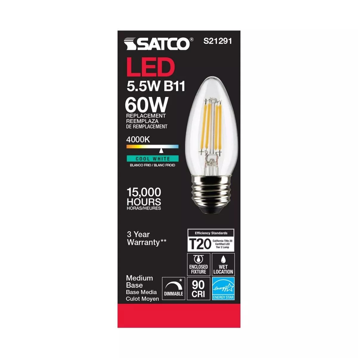 Satco S21291 - 5.5 Watt B11 LED Light Bulb - 4000K - 90CRI - 120 Volt (6 Pack)