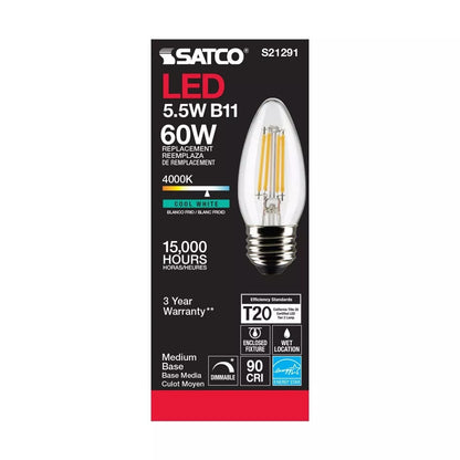 Satco S21291 - 5.5 Watt B11 LED Light Bulb - 4000K - 90CRI - 120 Volt (6 Pack)