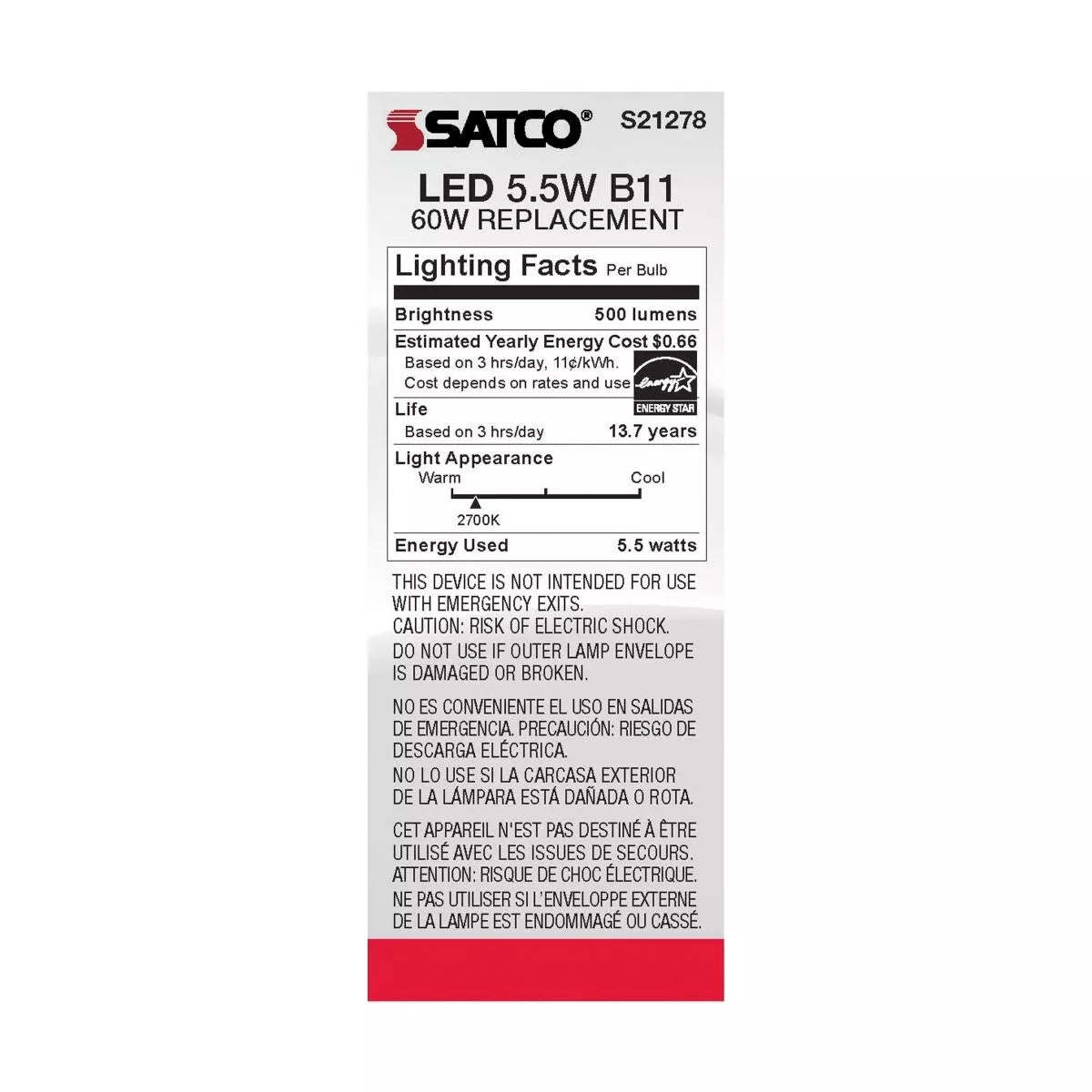 Satco S21278 - 5.5 Watt B11 Frosted LED Light Bulb - 2700K - 90CRI (6 Pack)