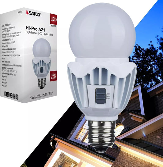 Satco S28737 - 20 Watt LED A21 High Lumen Output - 27K/40K/50K CCT Selectable - Medium Base - White Finish - 120V-277V