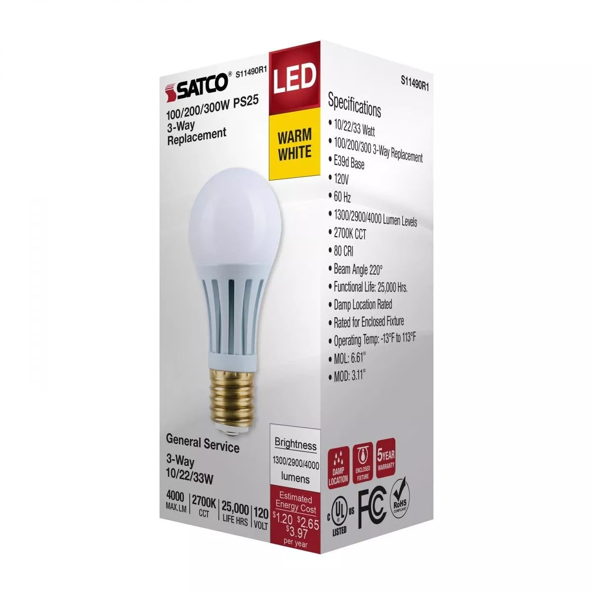 Satco S11490R1 - 10/22/33 Wattage Selectable PS25 LED Three-Way Lamp - E39d Mogul Base - 2700K - White Finish - 120 Volt